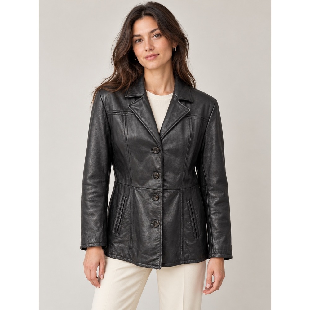 Wilsons Leather Jacket Womens Large Black Excellent Vintage Button Up 90s Biker